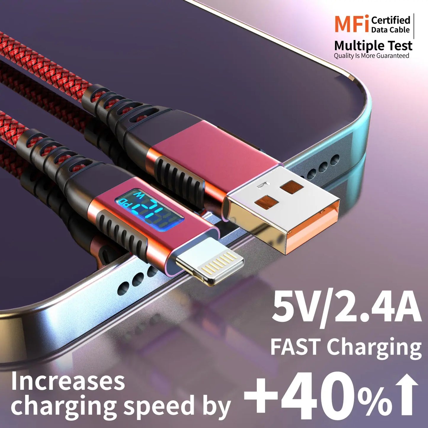 MFi-Certified USB-A to Lightning Fast Charging Cable with LED Display, 12W Fast Charge for iPhone 8-14 & iPad