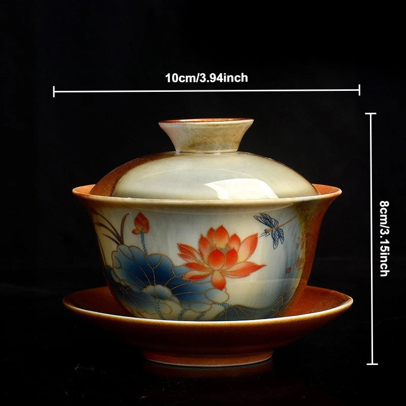 Hand Painted Lotus Gaiwan Tea Tureen | Vintage Ceramic Teacups