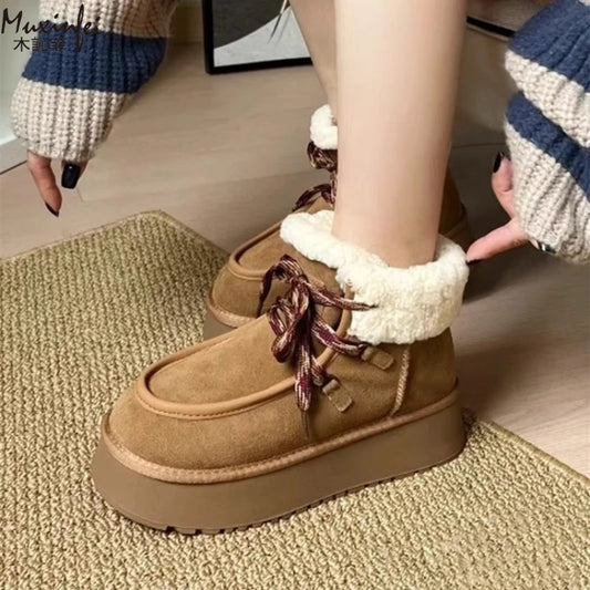 Women's Thickened Sheepskin Wool Snow Boots | Warm Winter Mid-Calf Boots