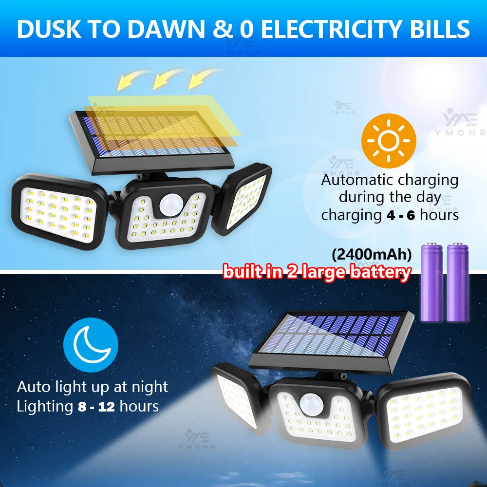 Luces solares ajustables de 3 cabezales | Lámparas de pared para exteriores con sensor de movimiento