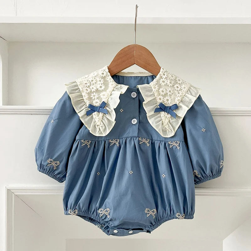 Cute Baby Girls Bow Lace Embroidery Bodysuit & Dress Set