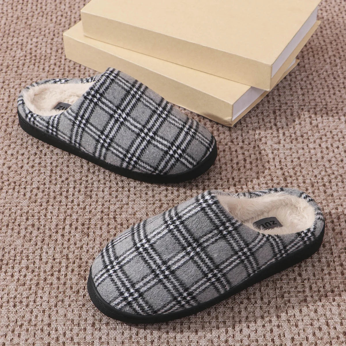 Men's Striped Plaid Fleece Slippers | Warm Cozy House Shoes