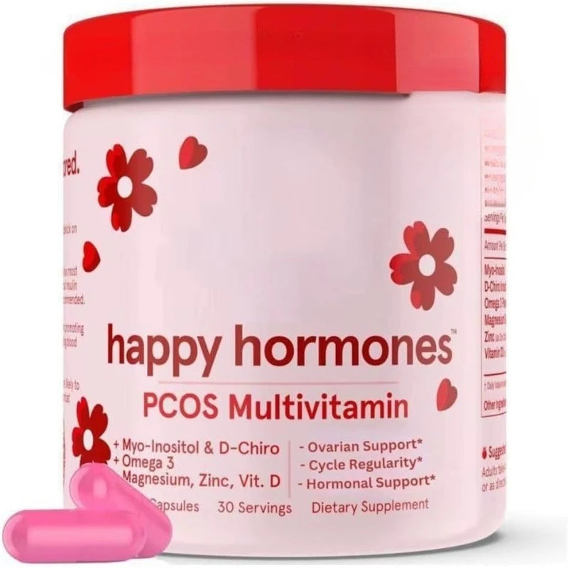 Happy Hormones PCOS Multivitamin container with pink cap and supplement capsule on a white background