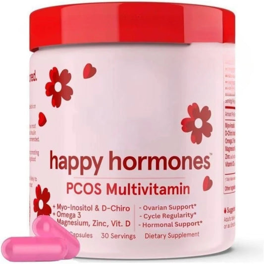 Happy Hormones PCOS Multivitamin container with pink cap and supplement capsule on a white background
