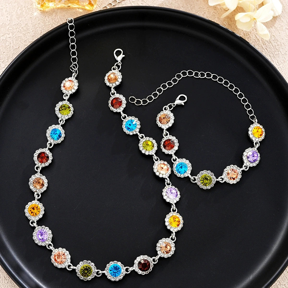 Colorful Crystal Choker Necklace and Bracelet Set for Women