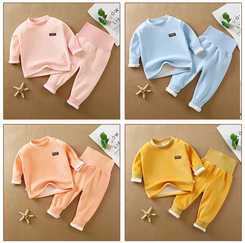 Unisex Kid's Fleece-Lined High Neck Top & Pants Set for Daily Wear