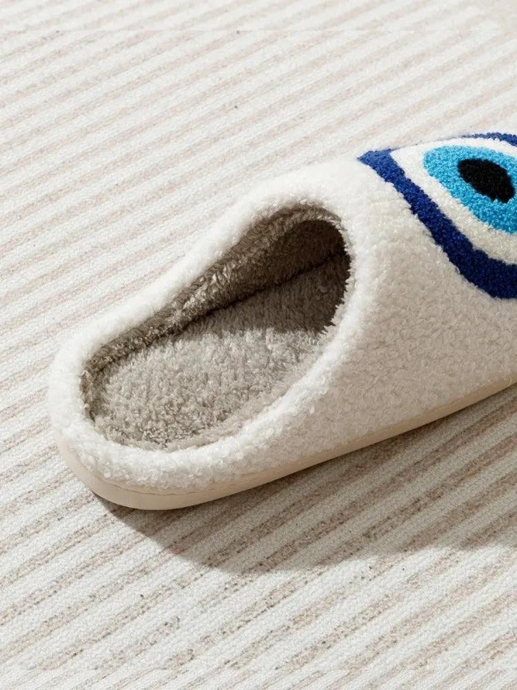 Women's Blue Evil Eye Plush Slippers | Cozy Indoor Nazar Shoes