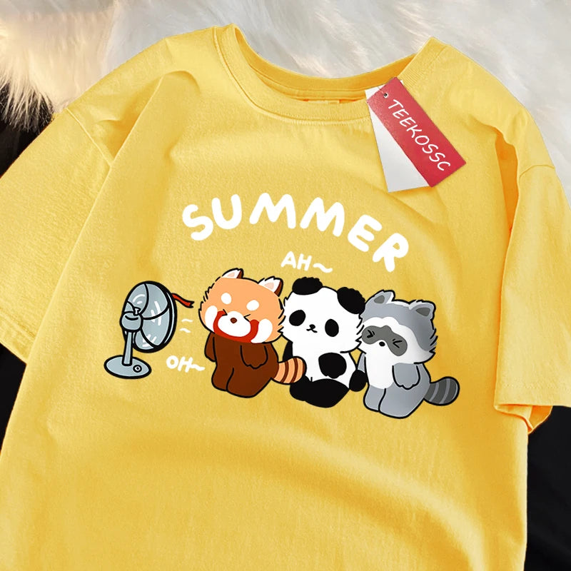 3 Raccoons Blowing Fans Print T-Shirt | Breathable Casual Wear