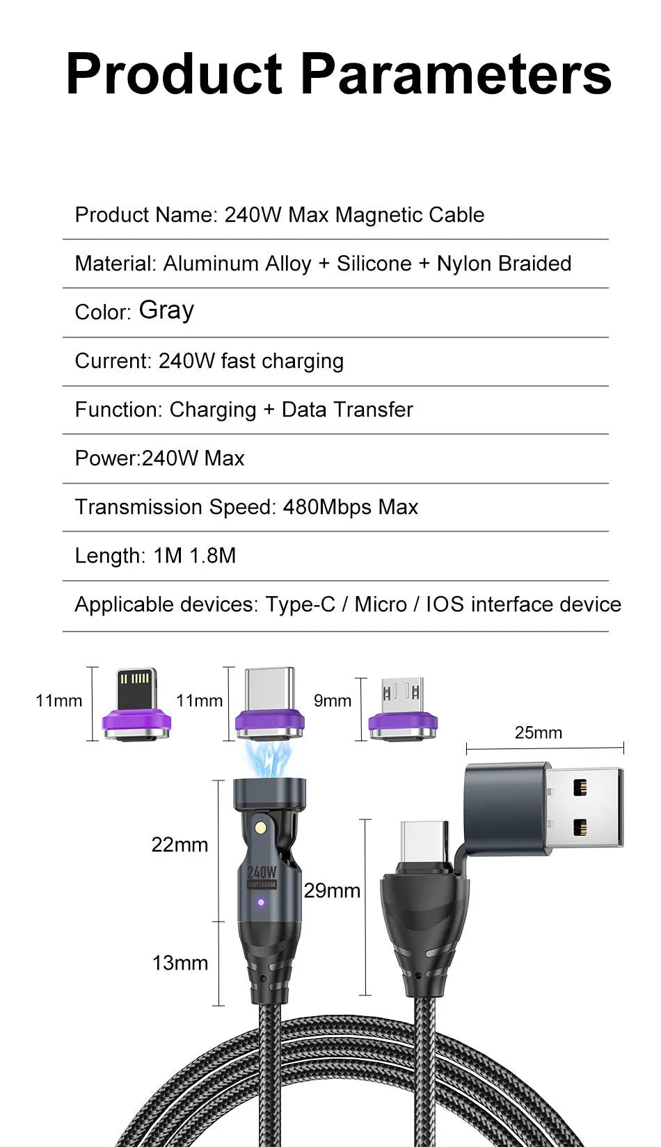 240W Fast Charging Magnetic Cable for USB-C & Micro Devices