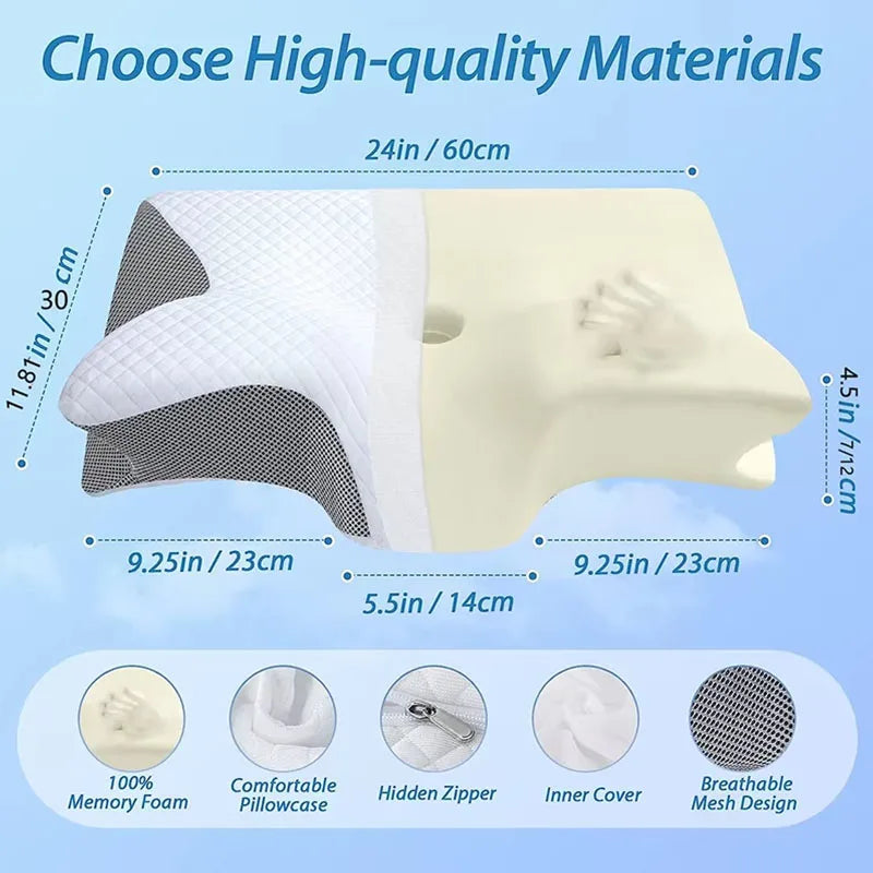 Cervical Memory Foam Pillow for Neck & Shoulder Pain Relief, Ergonomic Butterfly Design, Dual Height Contour Pillow for Side, Back & Stomach Sleepers