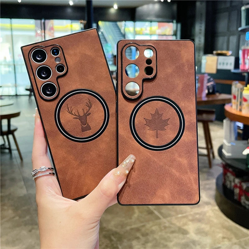 Leather Deer Maple Phone Case | Magnetic Charging Cover for Galaxy