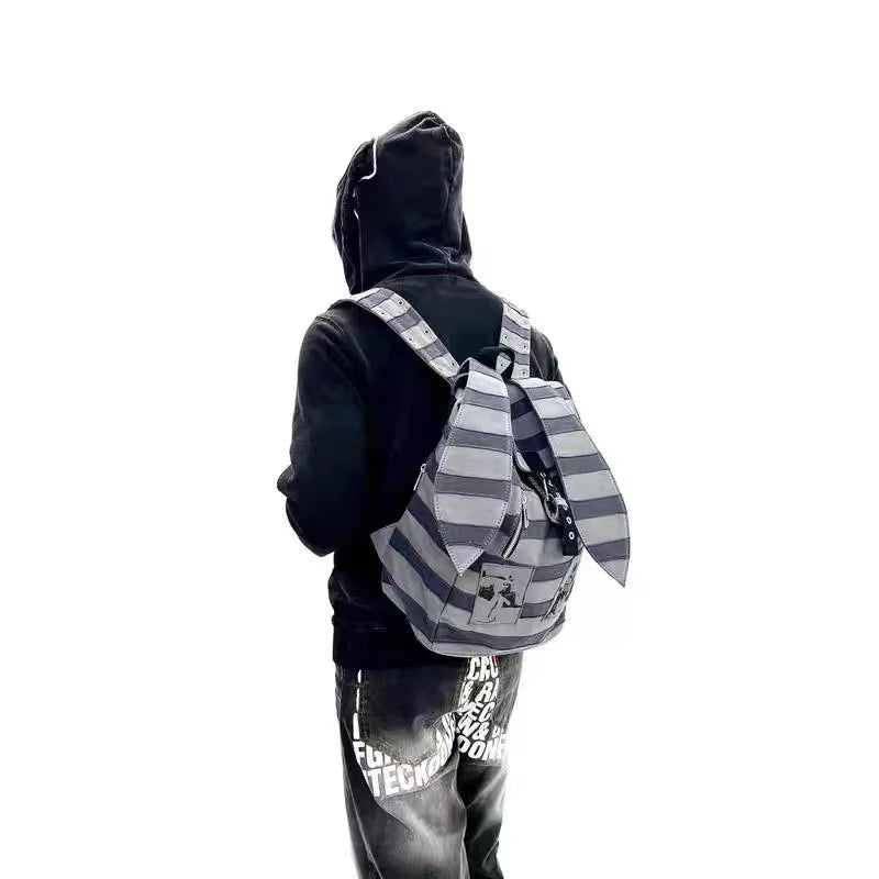 Vintage Striped Rabbit Ear Backpack | Unisex Punk Hip Hop Style