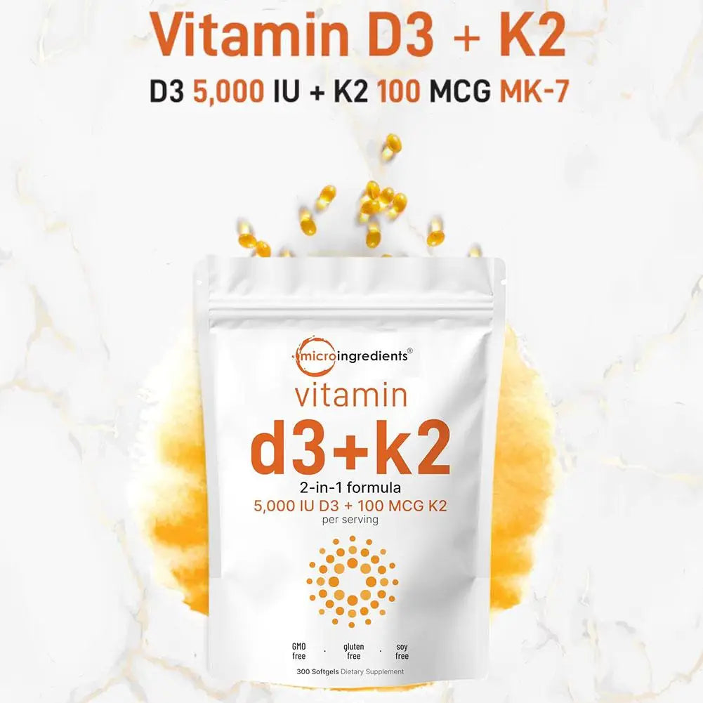 Vitamin D3 K2 Capsules for Immune Support | 300 Vegan Softgels