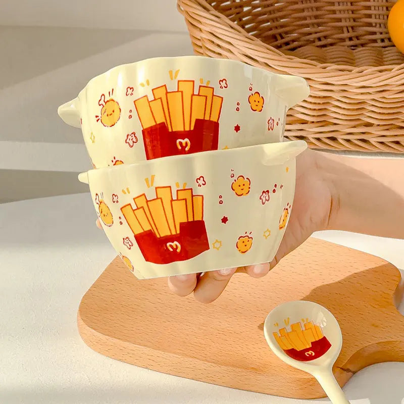 Cute French Fries Ceramic Bowl & Spoon Set | Perfect for Any Meal