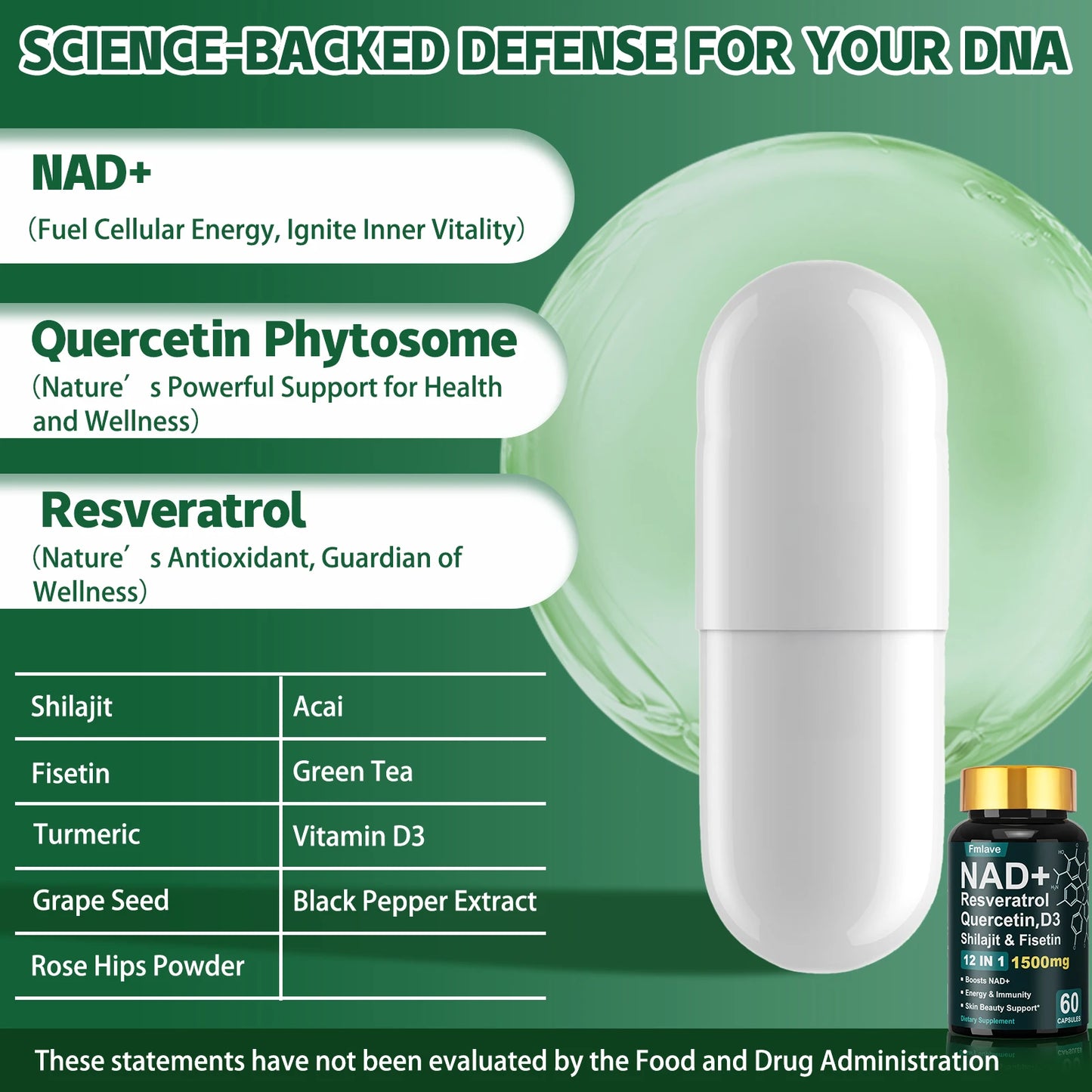 Fmlave NAD+ Resveratrol, Shilajit & Fisetin, Quercetin, D3,  – 12-in-1  Enhance Cellular Vitality and  Energy, Immunity & Skin Beauty  60 Capsules