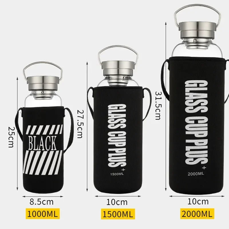 2L Glass Water Bottle with Strap | Portable Leakproof Drinkware