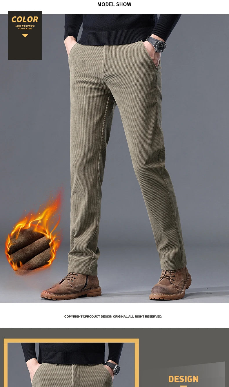 Men's Thick Fleece Corduroy Pants | Winter Warm Business Casual Trousers