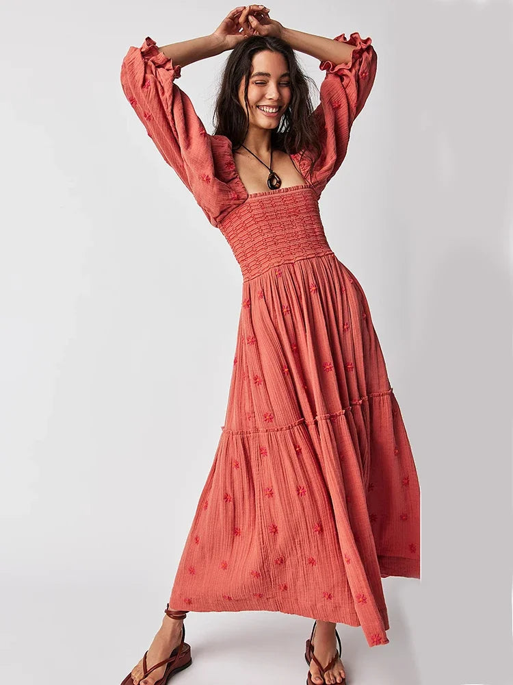 Boho Floral Embroidery Maxi Dress for Women | Casual Fashion