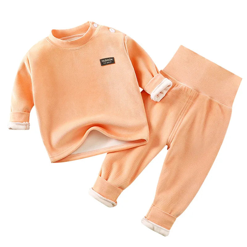 Unisex Kid's Fleece-Lined High Neck Top & Pants Set for Daily Wear
