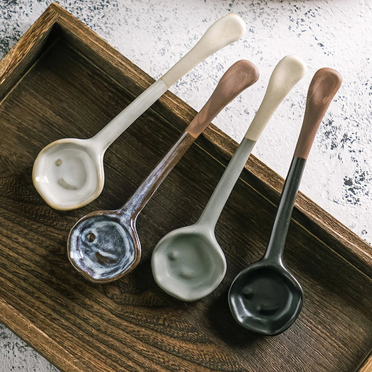 4 Cucharas Retro de Cerámica para Sopa | Perfectas para Ramen y Sopas