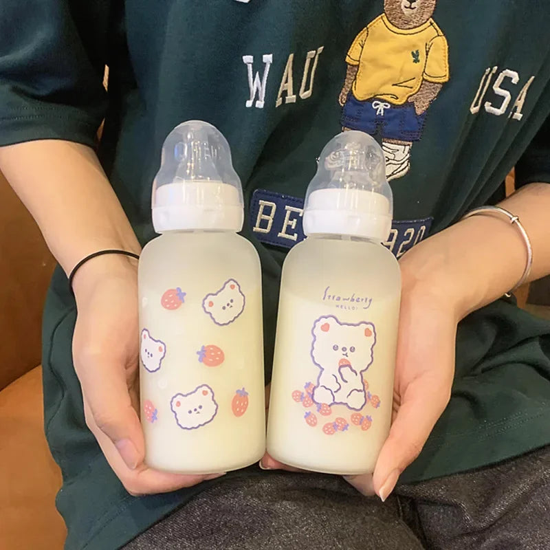 Kawaii Strawberry Bear Glass Water Bottle | Cute & Eco-Friendly