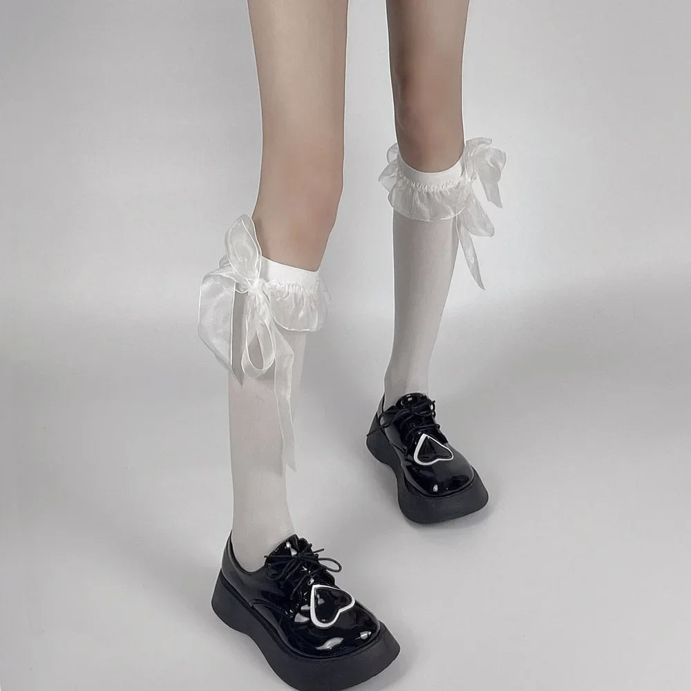 Kawaii Cute Black Stockings with Bowknot & Ruffles for Women
