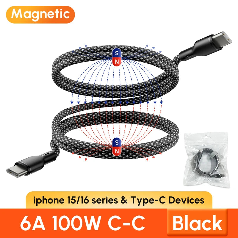 Magnetic Braided USB Type-C Car Charging Cable - 6A Data Transfer