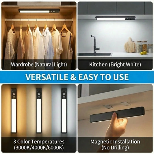 Luz LED ultra fina con sensor de movimiento para debajo de armarios | Recargable