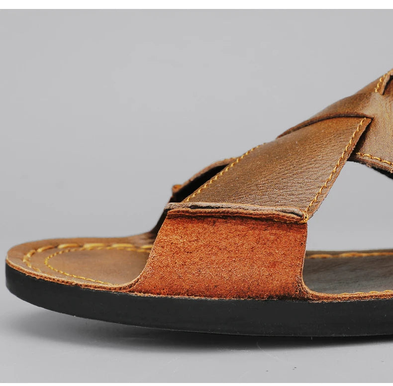 Plus Size Men Leather Slippers Homes In Indoor Slippers Summer Open Toe Sandals Comfy Antiskid Soft Bottom Casual Walking Shoes