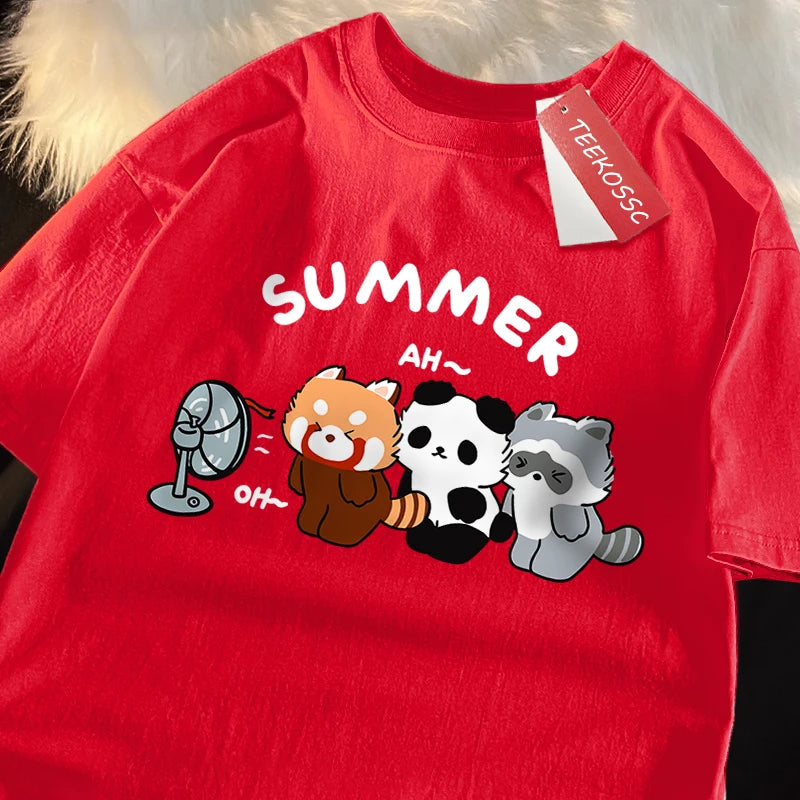 3 Raccoons Blowing Fans Print T-Shirt | Breathable Casual Wear