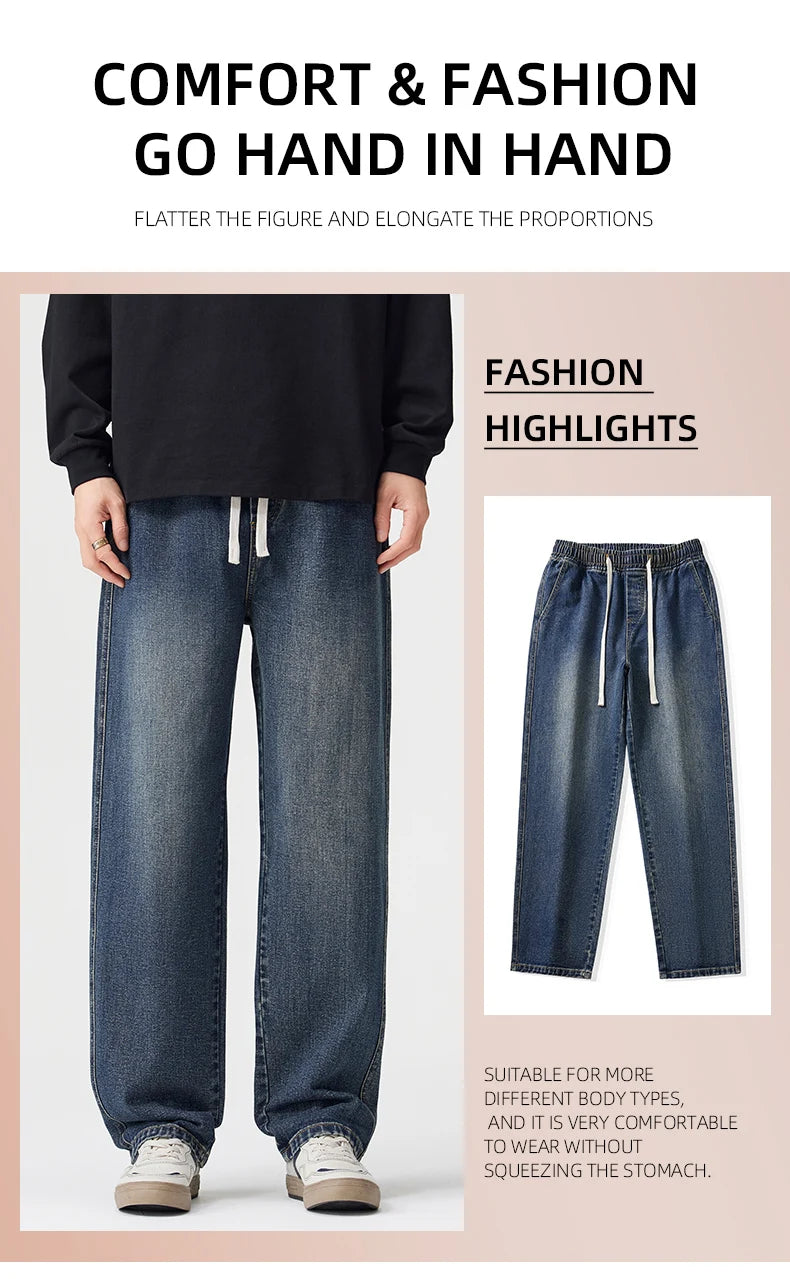 Men's Vintage Drawstring Wide-Leg Jeans | Trendy Casual Pants