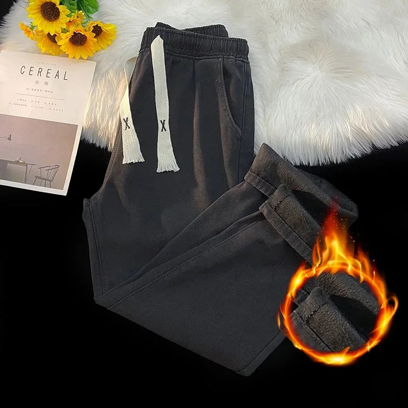 Thick Winter Men's Fleece Jeans | Warm Loose Plush Trousers