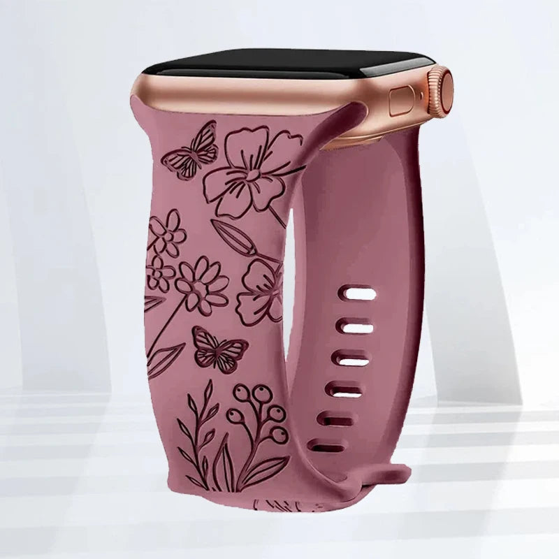 Floral Engraved Silicone Strap | Elegant Replacement Band for Apple Watch