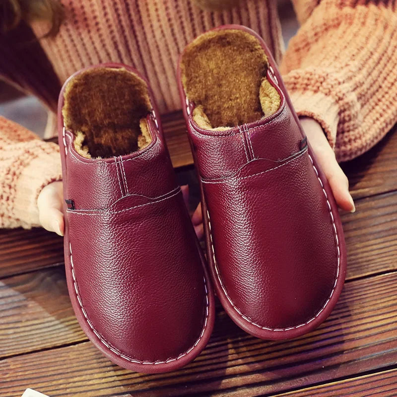 Couples Leather Plush Winter Slippers | Cozy Waterproof Shoes