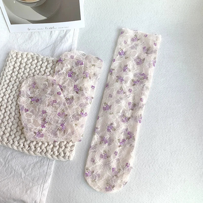 Stylish Korean Lace Flower Long Socks for Women | Breathable Comfort