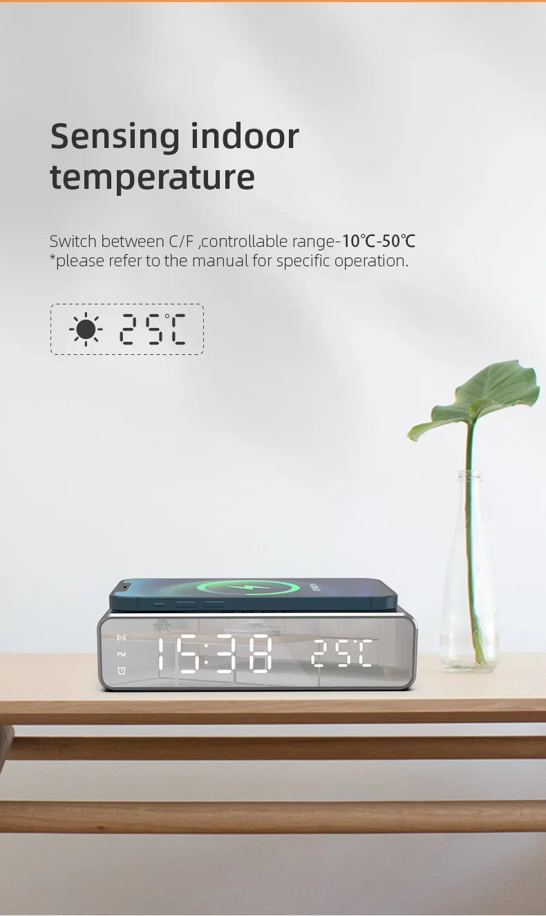 5W Wireless Charger Alarm Clock — Multifunction LED Digital Clock with Thermometer, Time Display & Fast Charging Dock for iPhone, Samsung & Qi-Compatible Phones