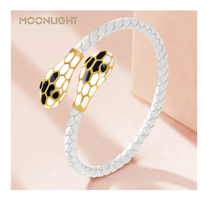 MOONLIGHT Classic Style Double Snake Head Cuff Bangles for Women Genuine Braided Leather Bracelets Female Fashion Jewelry Gifts