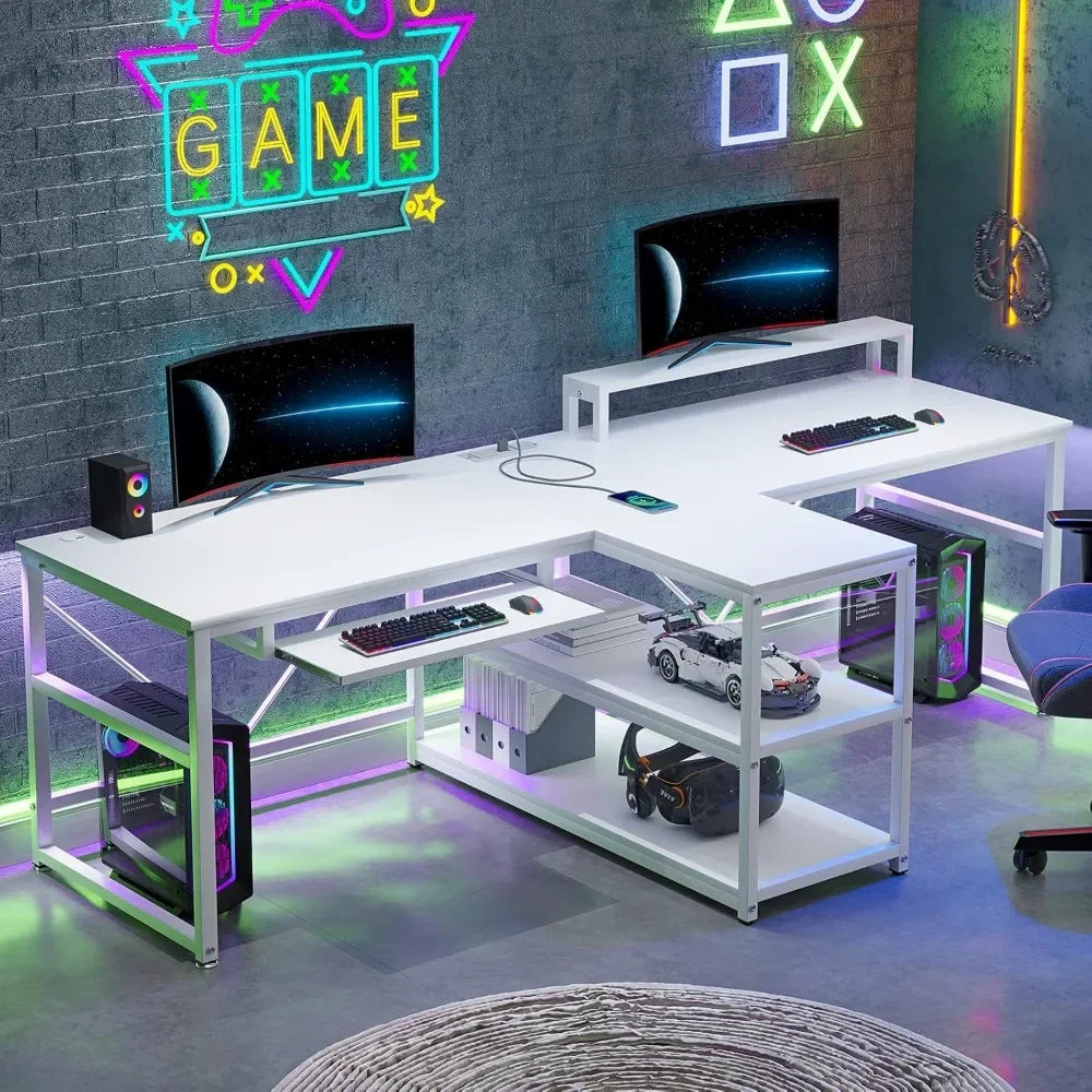 94.5" Dual Person Office Desk with LED Lights & Storage