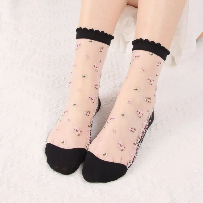 Women's Vintage Retro Flower Embroidery Long Socks | Summer Fashion