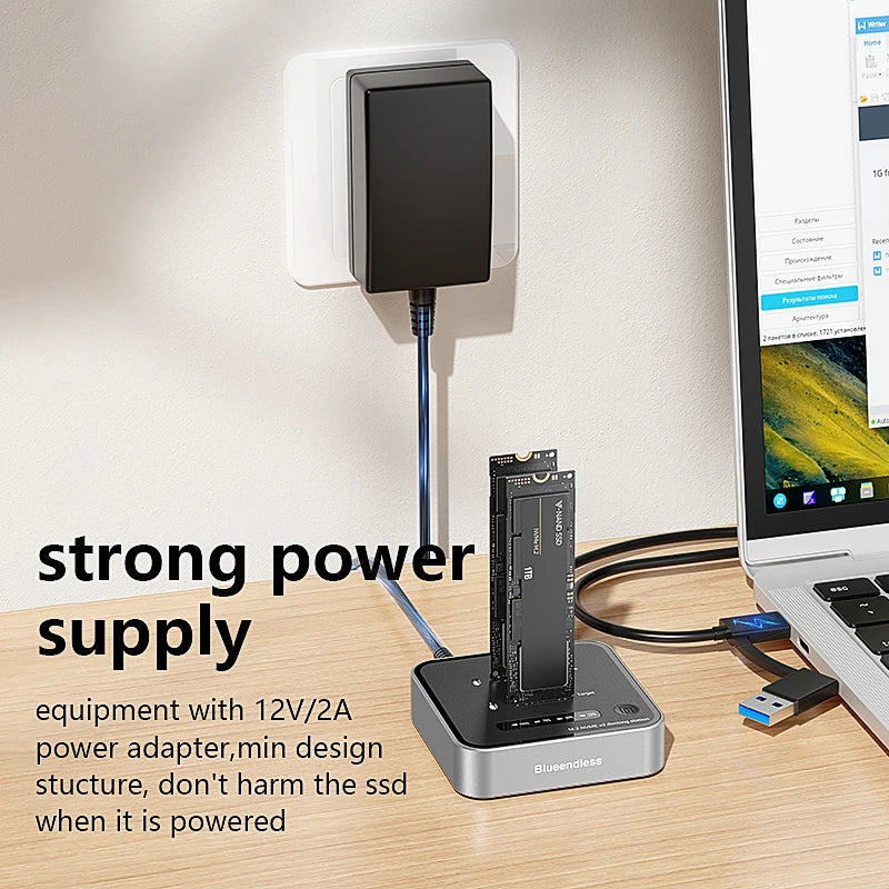 Dual-Bay M.2 NVMe SSD Cloning Dock | Fast USB 20Gbps Reader