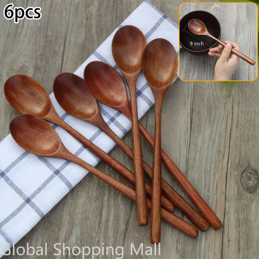 Cucharas de Sopa de Madera Ecológicas | Juego de 6 Utensilios de Mango Largo