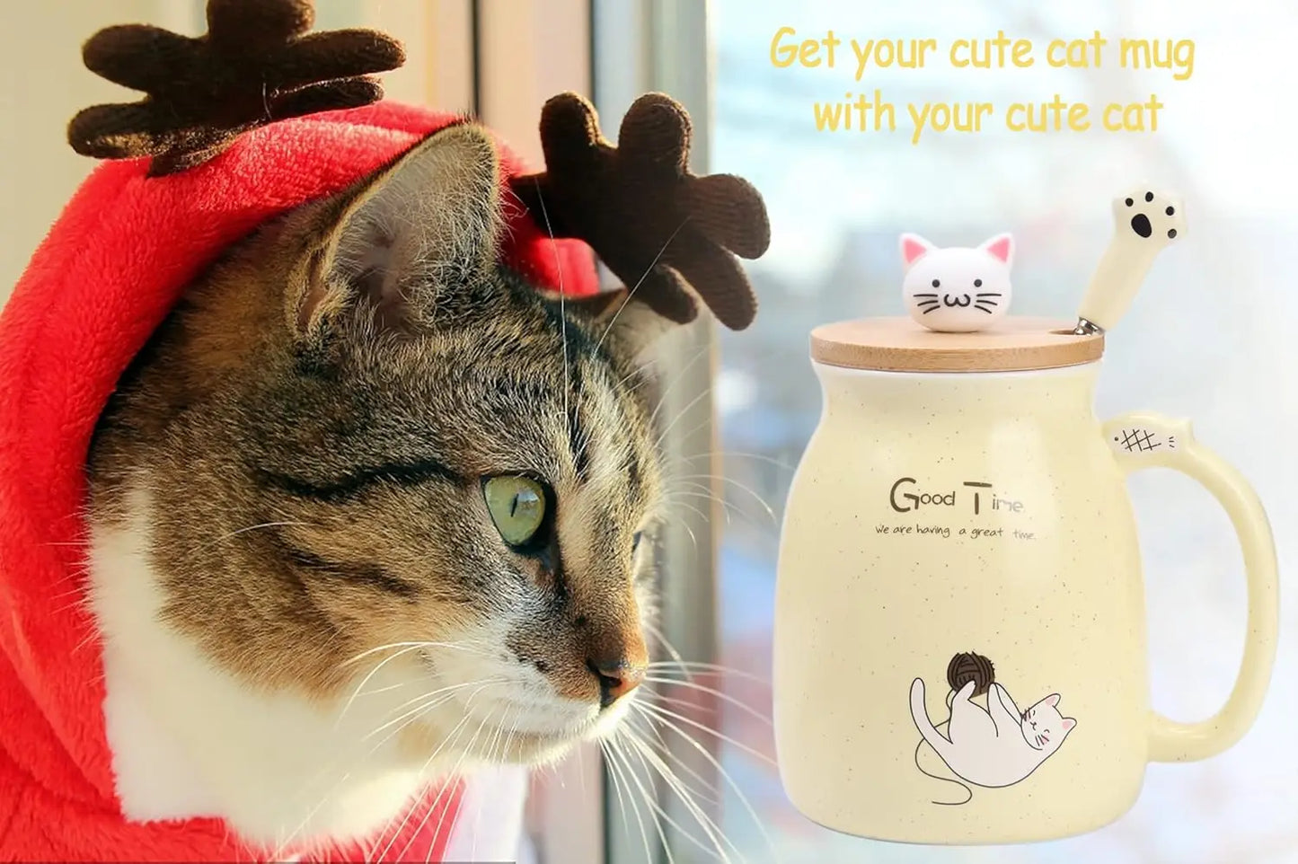 Cute Cat Ceramic Mug with Kitty Lid & Spoon | Perfect Gift for Cat Lovers