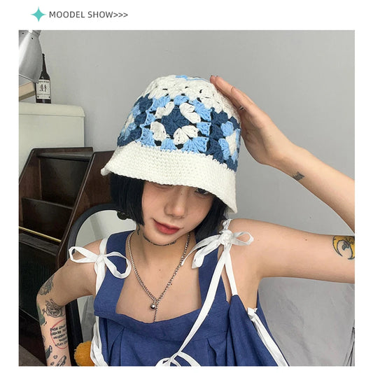 Gorro de ganchillo de cubo con flores para mujer | Estilo de primavera-verano hecho a mano