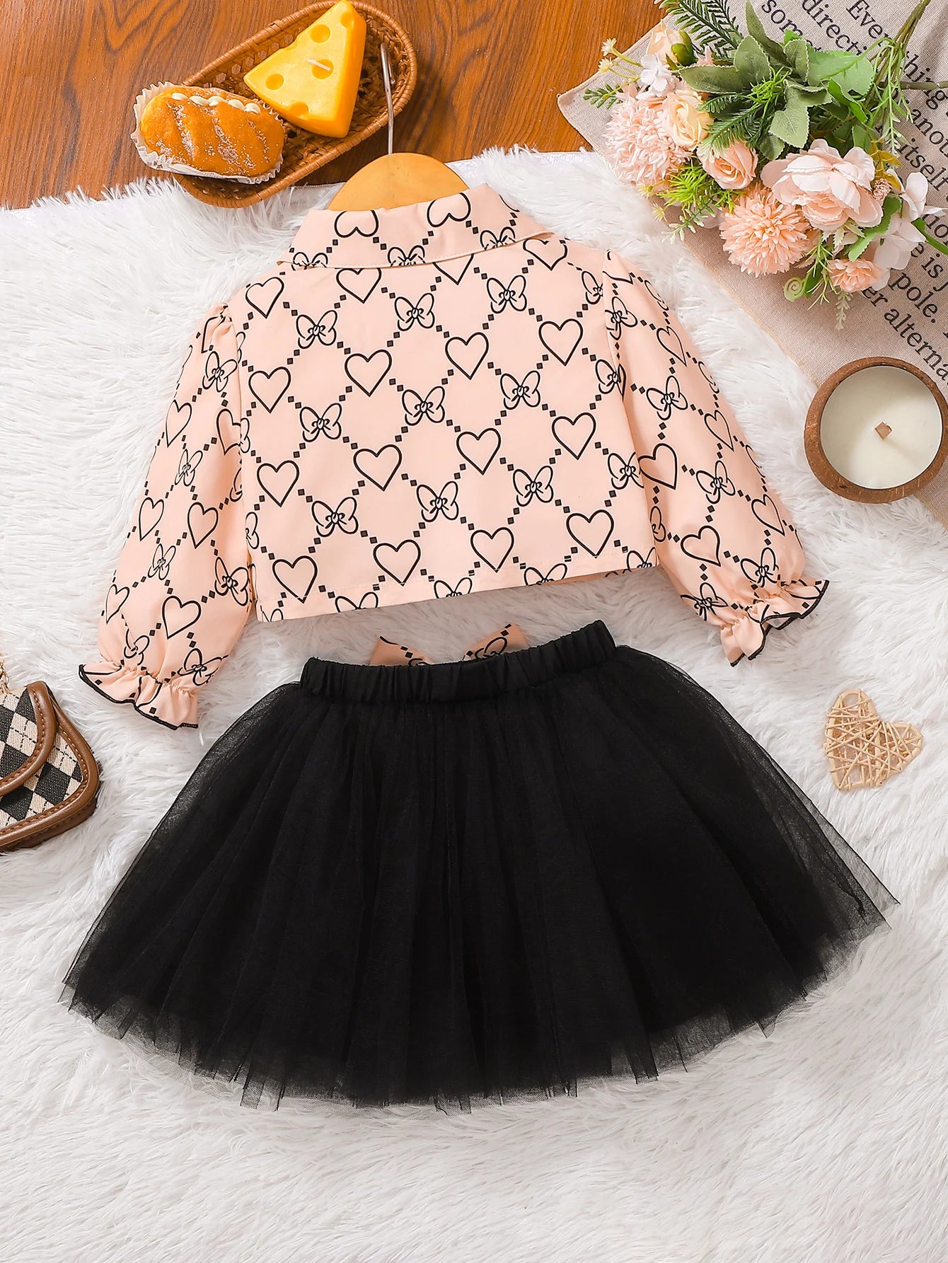 Adorable Baby Girl Heart Print Top and Tulle Skirt Set