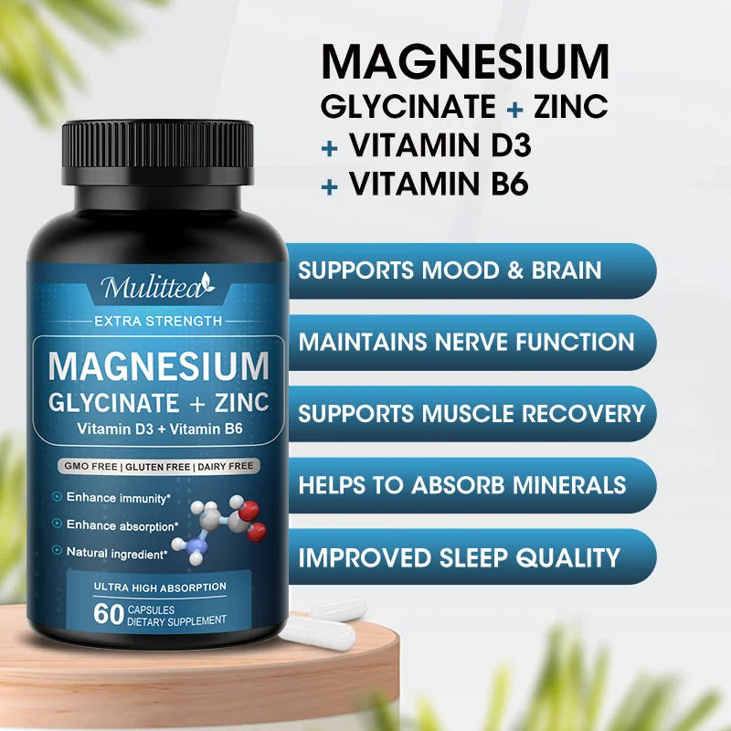 Multitea magnesium glycinate supplement bottle with benefits listed on a white background