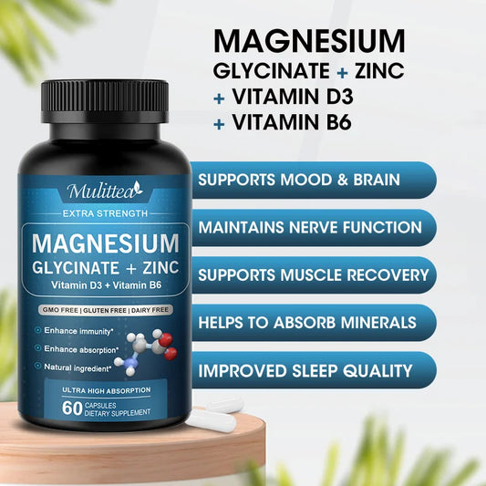Multitea magnesium glycinate supplement bottle with benefits listed on a white background