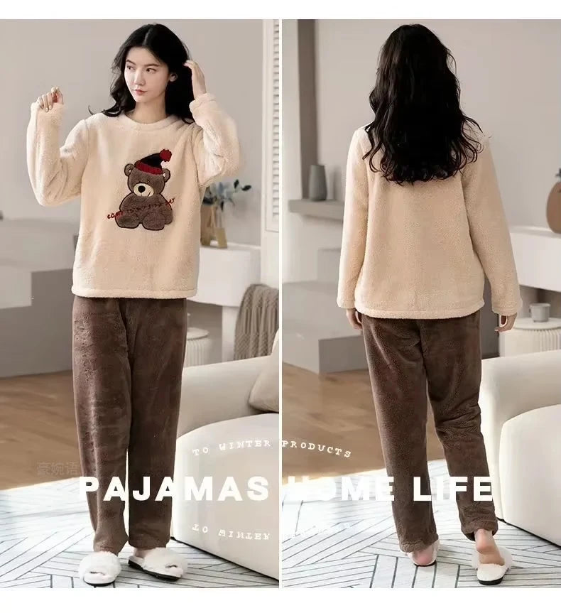 Cozy Cartoon Bear Flannel Loungewear Set for Couples