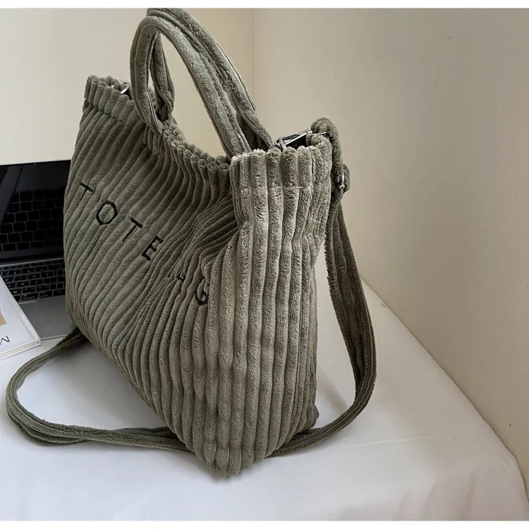 Bolso de mano de terciopelo a rayas de gran capacidad | Bolso tote elegante y versátil