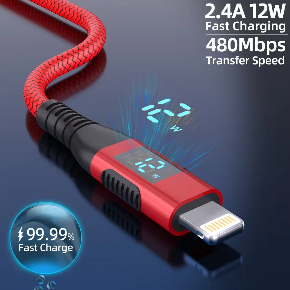MFi Certified USB A to Lightning Fast Charging Cable with LED Display