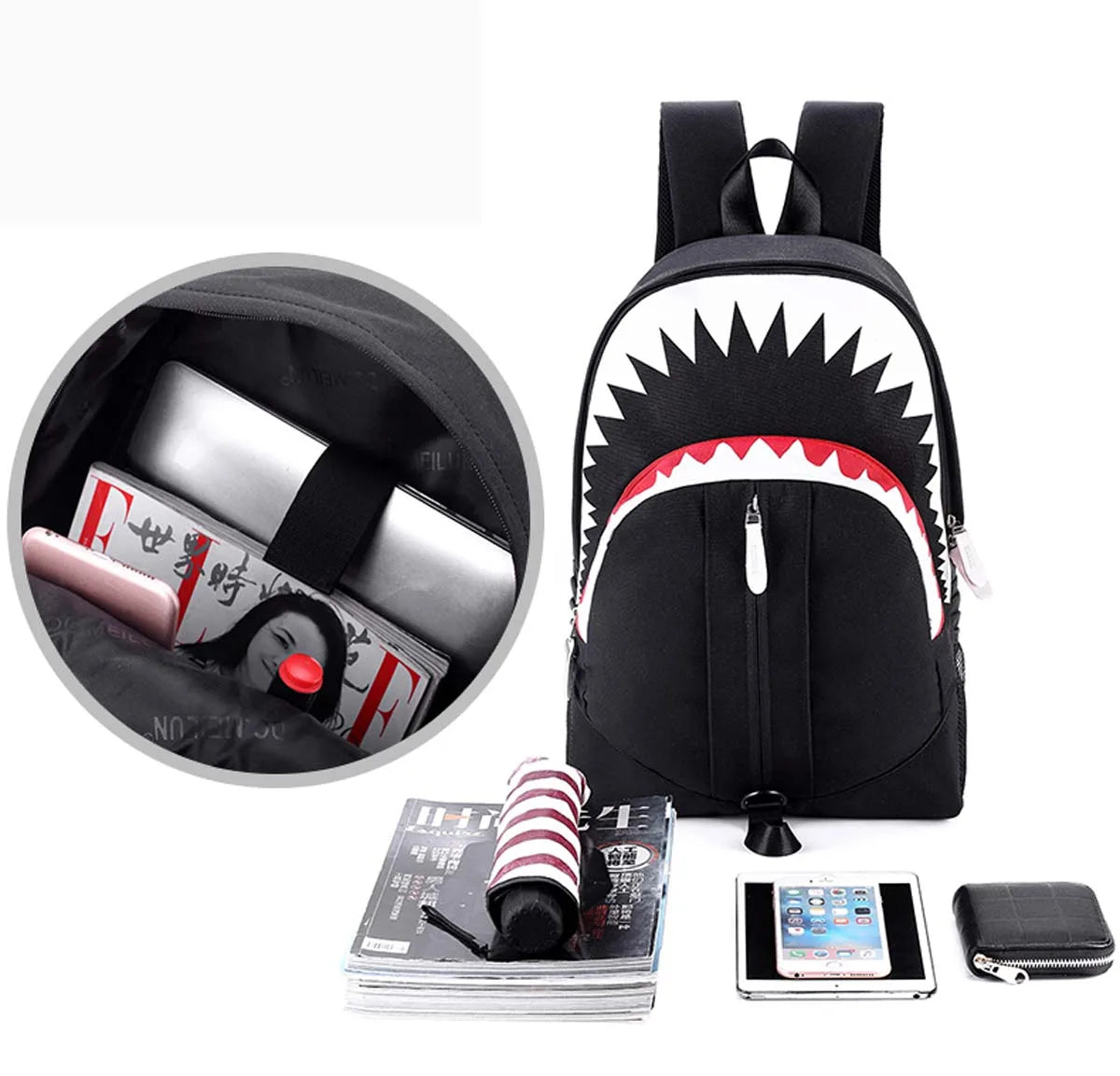 Luminous Shark Mouth Backpack | USB Laptop Travel Bag for Teens